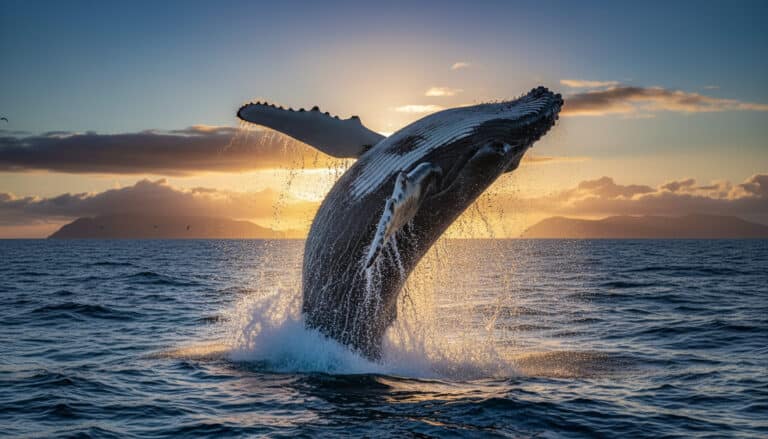 A Southern Right whale breaching in False Bay near Cape Town, viewed from a legal distance of 300 meters by a Suzuki-powered offshore boat.
