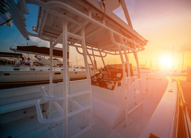 A modern speed boat yacht steering wheels. Background